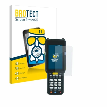 Vorderseite einer Produktverpackung mit dem Markenlogo BROTECT. Daneben ist das Gerät Zebra MC3300X mit dem zugehörigen Displa