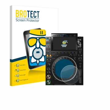 Vorderseite einer Produktverpackung mit dem Markenlogo BROTECT. Daneben ist das Gerät Pioneer CDJ 3000 (Kreis) mit dem zugehör