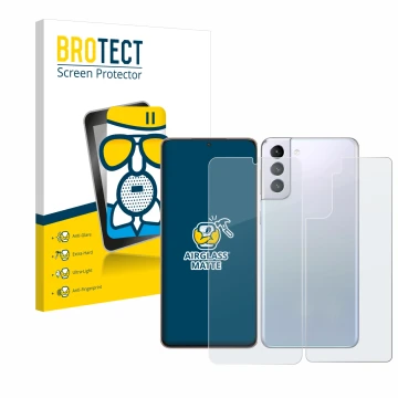 Vorderseite einer Produktverpackung mit dem Markenlogo BROTECT. Daneben ist das Gerät Samsung Galaxy S21 Plus 5G (Display+Rück