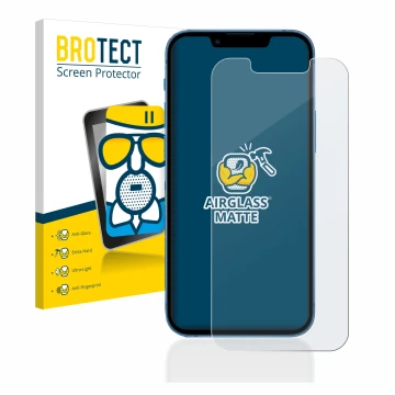 Vorderseite einer Produktverpackung mit dem Markenlogo BROTECT. Daneben ist das Gerät Apple iPhone 13 mini mit dem zugehörigen