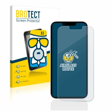 Vorderseite einer Produktverpackung mit dem Markenlogo BROTECT. Daneben ist das Gerät Apple iPhone 13 mit dem zugehörigen Disp