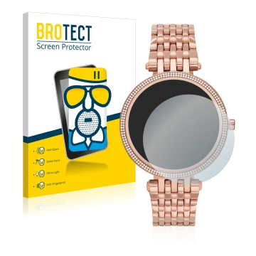 Vorderseite einer Produktverpackung mit dem Markenlogo BROTECT. Daneben ist das Gerät Michael Kors Access Darci Gen 5E mit dem