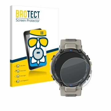 Vorderseite einer Produktverpackung mit dem Markenlogo BROTECT. Daneben ist das Gerät Huami Amazfit T-Rex Pro mit dem zugehöri