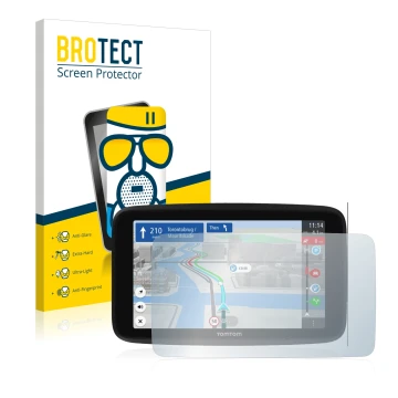 Vorderseite einer Produktverpackung mit dem Markenlogo BROTECT. Daneben ist das Gerät TomTom GO Discover 6