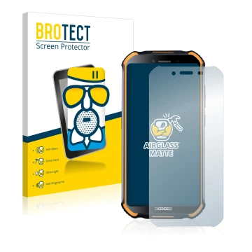 Vorderseite einer Produktverpackung mit dem Markenlogo BROTECT. Daneben ist das Gerät Doogee S40 Pro mit dem zugehörigen Displ
