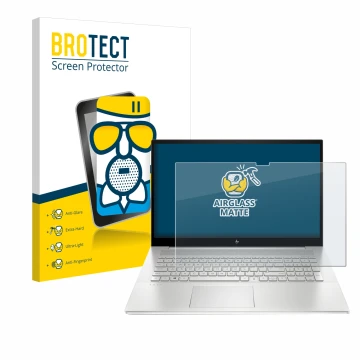 Vorderseite einer Produktverpackung mit dem Markenlogo BROTECT. Daneben ist das Gerät HP Envy 17-cX mit dem zugehörigen Displa