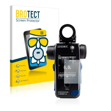 Vorderseite einer Produktverpackung mit dem Markenlogo BROTECT. Daneben ist das Gerät Sekonic L858D mit dem zugehörigen Displa
