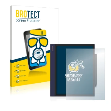 Vorderseite einer Produktverpackung mit dem Markenlogo BROTECT. Daneben ist das Gerät Boox Note Air mit dem zugehörigen Displa