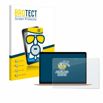 Vorderseite einer Produktverpackung mit dem Markenlogo BROTECT. Daneben ist das Gerät Apple MacBook Air M1 2020 mit dem zugehö