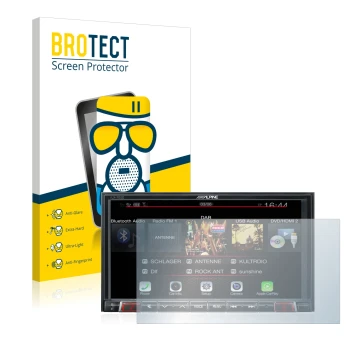 Vorderseite einer Produktverpackung mit dem Markenlogo BROTECT. Daneben ist das Gerät Alpine iLX-702D mit dem zugehörigen Disp