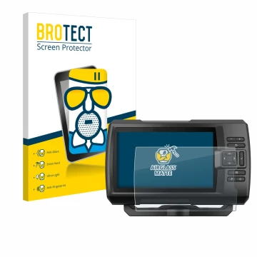 Vorderseite einer Produktverpackung mit dem Markenlogo BROTECT. Daneben ist das Gerät Garmin Striker Vivid 7cv mit dem zugehör