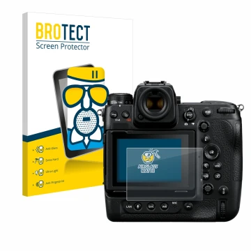 Vorderseite einer Produktverpackung mit dem Markenlogo BROTECT. Daneben ist das Gerät Nikon Z 9 mit dem zugehörigen Displaysch