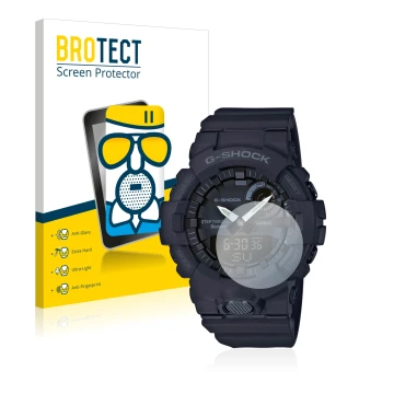 Vorderseite einer Produktverpackung mit dem Markenlogo BROTECT. Daneben ist das Gerät Casio G-Shock GBA800 mit dem zugehörigen
