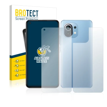 Vorderseite einer Produktverpackung mit dem Markenlogo BROTECT. Daneben ist das Gerät Xiaomi Mi 11 Lite 5G (Display+Rückseite)
