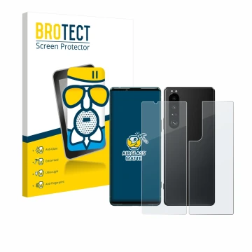 Vorderseite einer Produktverpackung mit dem Markenlogo BROTECT. Daneben ist das Gerät Sony Xperia 5 III (Display+Rückseite) mi