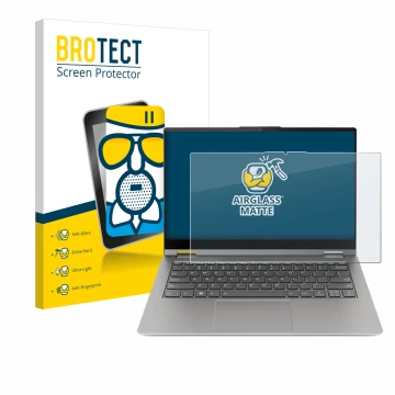 Vorderseite einer Produktverpackung mit dem Markenlogo BROTECT. Daneben ist das Gerät Lenovo ThinkBook 14s Yoga mit dem zugehö