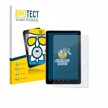 Vorderseite einer Produktverpackung mit dem Markenlogo BROTECT. Daneben ist das Gerät Amazon Fire HD 10 2021 (11. Gen.) mit de