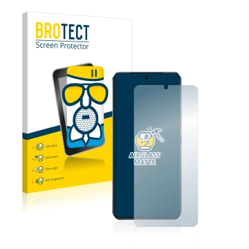 Vorderseite einer Produktverpackung mit dem Markenlogo BROTECT. Daneben ist das Gerät Vivo V21 5G mit dem zugehörigen Displays