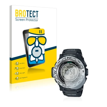 Vorderseite einer Produktverpackung mit dem Markenlogo BROTECT. Daneben ist das Gerät Casio Pro Trek PRW-3500-1 mit dem zugehö