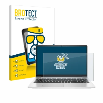 Vorderseite einer Produktverpackung mit dem Markenlogo BROTECT. Daneben ist das Gerät HP ProBook 450 G8 mit dem zugehörigen Di