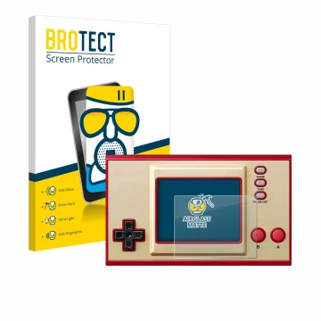 Vorderseite einer Produktverpackung mit dem Markenlogo BROTECT. Daneben ist das Gerät Nintendo Game & Watch Super Mario Bros m