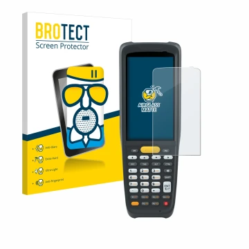 Vorderseite einer Produktverpackung mit dem Markenlogo BROTECT. Daneben ist das Gerät Zebra MC2200 mit dem zugehörigen Display