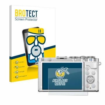 Vorderseite einer Produktverpackung mit dem Markenlogo BROTECT. Daneben ist das Gerät Olympus PEN E-P7 mit dem zugehörigen Dis