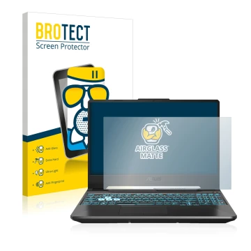 Vorderseite einer Produktverpackung mit dem Markenlogo BROTECT. Daneben ist das Gerät ASUS TUF Gaming A15 mit dem zugehörigen 