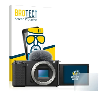 Vorderseite einer Produktverpackung mit dem Markenlogo BROTECT. Daneben ist das Gerät Sony Alpha ZV-E10 mit dem zugehörigen Di