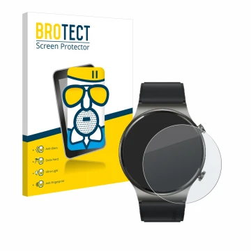 Vorderseite einer Produktverpackung mit dem Markenlogo BROTECT. Daneben ist das Gerät Huawei Watch GT 2 Pro ECG mit dem zugehö