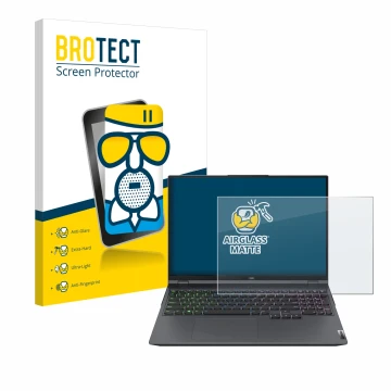 Vorderseite einer Produktverpackung mit dem Markenlogo BROTECT. Daneben ist das Gerät Lenovo Legion 5 Pro mit dem zugehörigen 