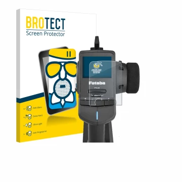 Vorderseite einer Produktverpackung mit dem Markenlogo BROTECT. Daneben ist das Gerät Futaba T3PV mit dem zugehörigen Displays