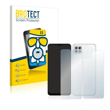 Vorderseite einer Produktverpackung mit dem Markenlogo BROTECT. Daneben ist das Gerät Samsung Galaxy A22 5G (Display+Rückseite