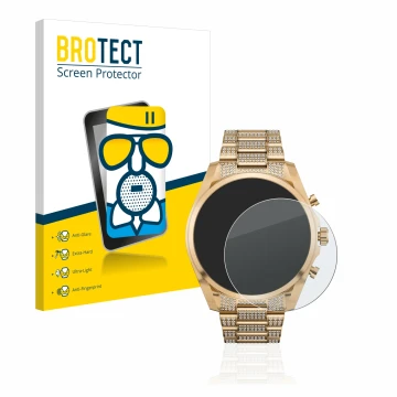 Vorderseite einer Produktverpackung mit dem Markenlogo BROTECT. Daneben ist das Gerät Michael Kors Access Gen 6 Bradshaw mit d