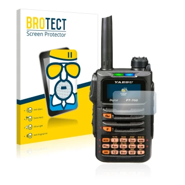 Vorderseite einer Produktverpackung mit dem Markenlogo BROTECT. Daneben ist das Gerät Yaesu FT-70DR mit dem zugehörigen Displa
