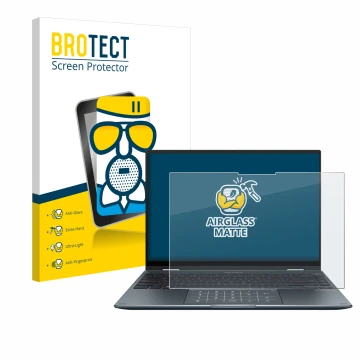 Vorderseite einer Produktverpackung mit dem Markenlogo BROTECT. Daneben ist das Gerät ASUS ZenBook 14 Flip OLED mit dem zugehö