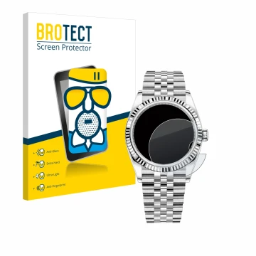 Vorderseite einer Produktverpackung mit dem Markenlogo BROTECT. Daneben ist das Gerät Rolex Datejust 36 mit dem zugehörigen Di