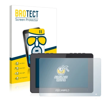 Vorderseite einer Produktverpackung mit dem Markenlogo BROTECT. Daneben ist das Gerät Feelworld F5 PRO V2 5.5