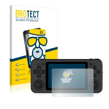 Vorderseite einer Produktverpackung mit dem Markenlogo BROTECT. Daneben ist das Gerät Anbernic RG351P mit dem zugehörigen Disp