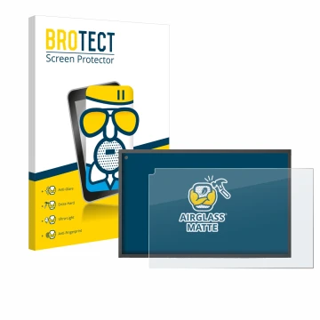 Vorderseite einer Produktverpackung mit dem Markenlogo BROTECT. Daneben ist das Gerät Amazon Echo Show 15 mit dem zugehörigen 