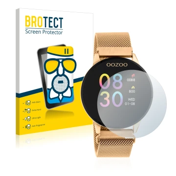 Vorderseite einer Produktverpackung mit dem Markenlogo BROTECT. Daneben ist das Gerät Oozoo Q00117 mit dem zugehörigen Display
