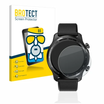 Vorderseite einer Produktverpackung mit dem Markenlogo BROTECT. Daneben ist das Gerät Mobvoi Ticwatch Pro 3 Ultra GPS mit dem 