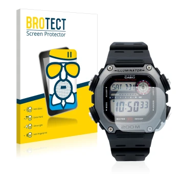 Vorderseite einer Produktverpackung mit dem Markenlogo BROTECT. Daneben ist das Gerät Casio DW-291H mit dem zugehörigen Displa