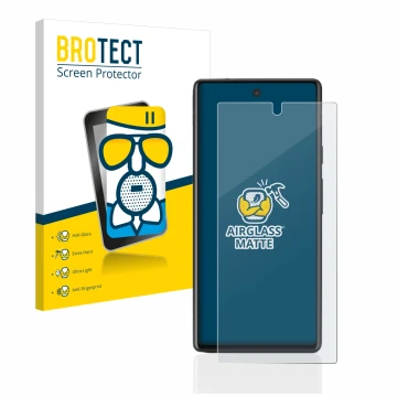 Vorderseite einer Produktverpackung mit dem Markenlogo BROTECT. Daneben ist das Gerät Google Pixel 6a mit dem zugehörigen Disp