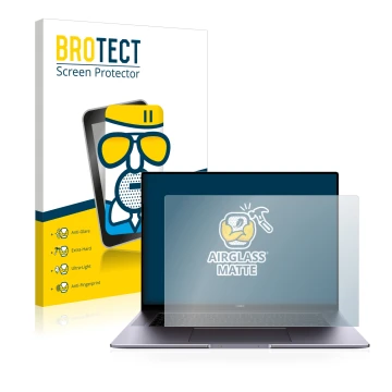 Vorderseite einer Produktverpackung mit dem Markenlogo BROTECT. Daneben ist das Gerät Huawei MateBook 16 mit dem zugehörigen D