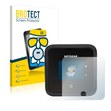 Vorderseite einer Produktverpackung mit dem Markenlogo BROTECT. Daneben ist das Gerät Netgear Nighthawk M5 mit dem zugehörigen