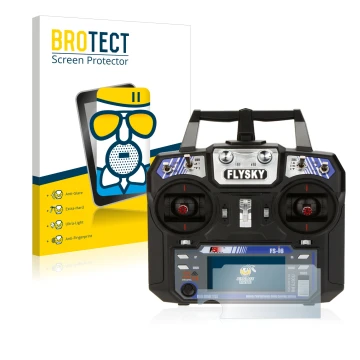 Vorderseite einer Produktverpackung mit dem Markenlogo BROTECT. Daneben ist das Gerät FlySky FS-i6 mit dem zugehörigen Display