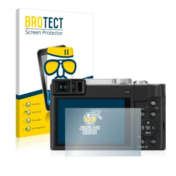 Vorderseite einer Produktverpackung mit dem Markenlogo BROTECT. Daneben ist das Gerät Panasonic Lumix DC-TZ95 mit dem zugehöri