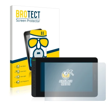 Vorderseite einer Produktverpackung mit dem Markenlogo BROTECT. Daneben ist das Gerät Huion Kamvas 12 mit dem zugehörigen Disp