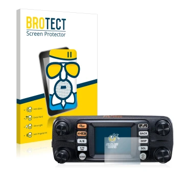 Vorderseite einer Produktverpackung mit dem Markenlogo BROTECT. Daneben ist das Gerät Yaesu FTM-300DE mit dem zugehörigen Disp